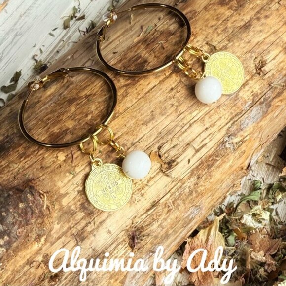 Chunky statement gold Saint Benedict medal charms earrings with white jade - Picture 1 of 1